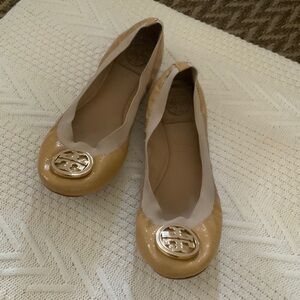 Tory Burch Beige Patent Flats with Gold Logo